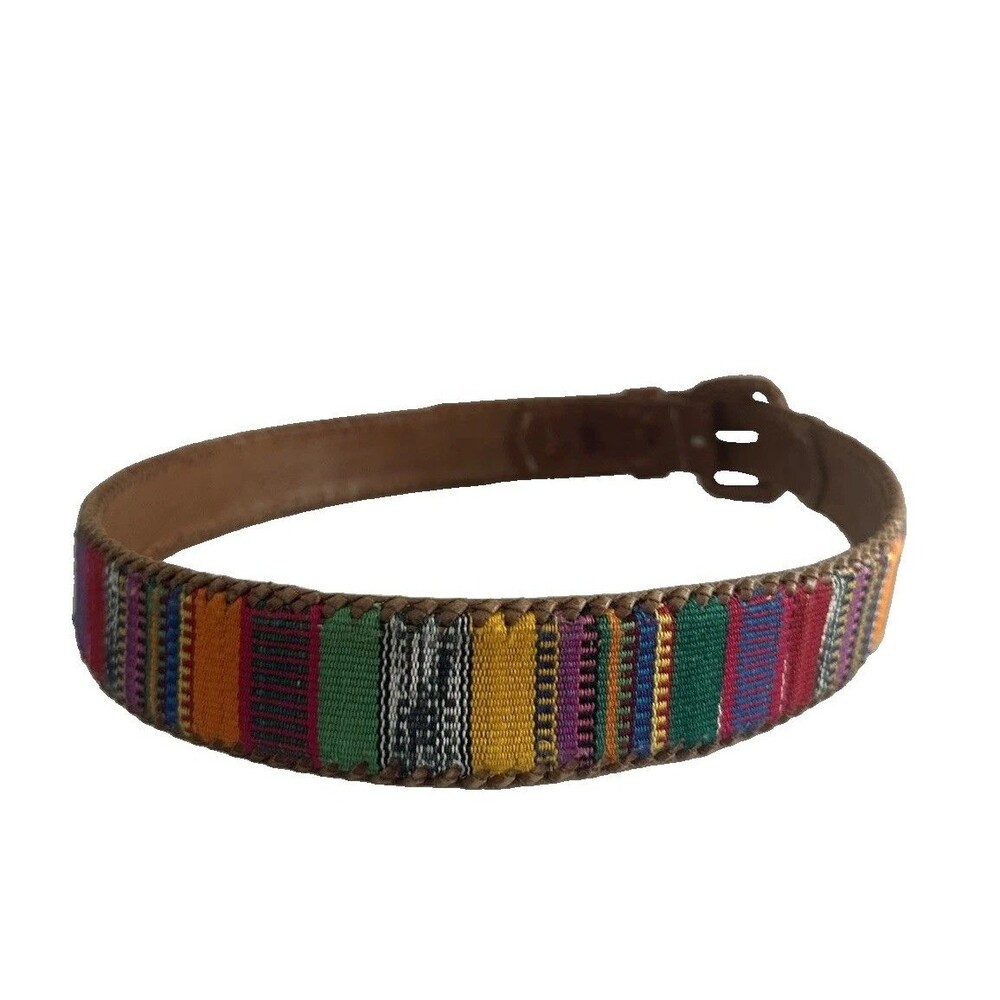 Colorful Handmade Leather Belt with Mayan Woven Fabric Unisex from Guatemala 36"